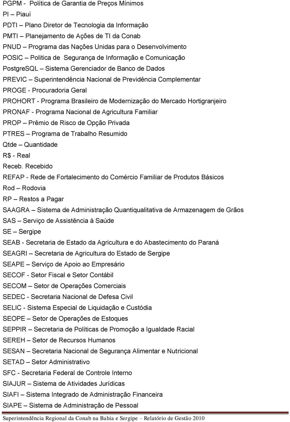 PROHORT - Programa Brasileiro de Modernização do Mercado Hortigranjeiro PRONAF - Programa Nacional de Agricultura Familiar PROP Prêmio de Risco de Opção Privada PTRES Programa de Trabalho Resumido