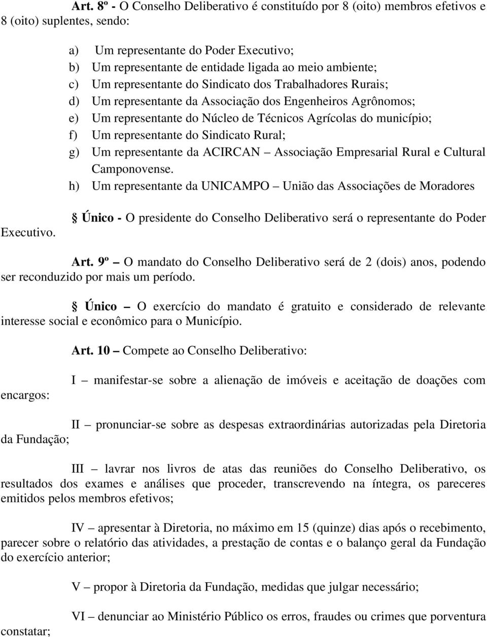 Um representante do Sindicato Rural; g) Um representante da ACIRCAN Associação Empresarial Rural e Cultural Camponovense. h) Um representante da UNICAMPO União das Associações de Moradores Executivo.