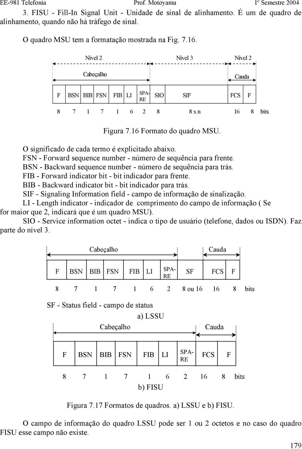 FSN - Forward sequence number - número de sequência para frente. BSN - Backward sequence number - número de sequência para trás. FIB - Forward indicator bit - bit indicador para frente.