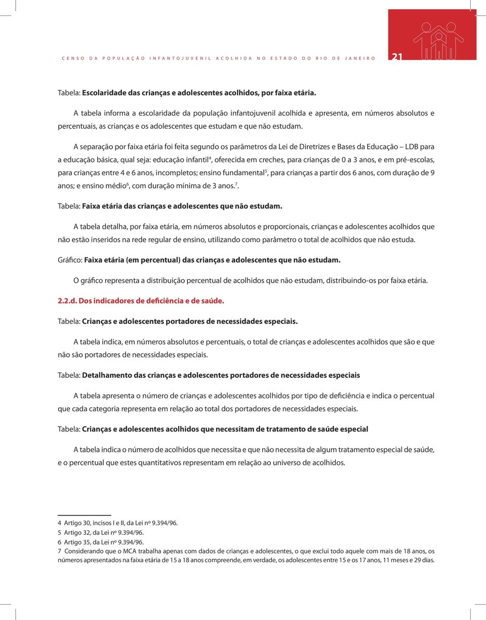 A separação por faixa etária foi feita segundo os parâmetros da Lei de Diretrizes e Bases da Educação LDB para a educação básica, qual seja: educação infantil 4, oferecida em creches, para crianças