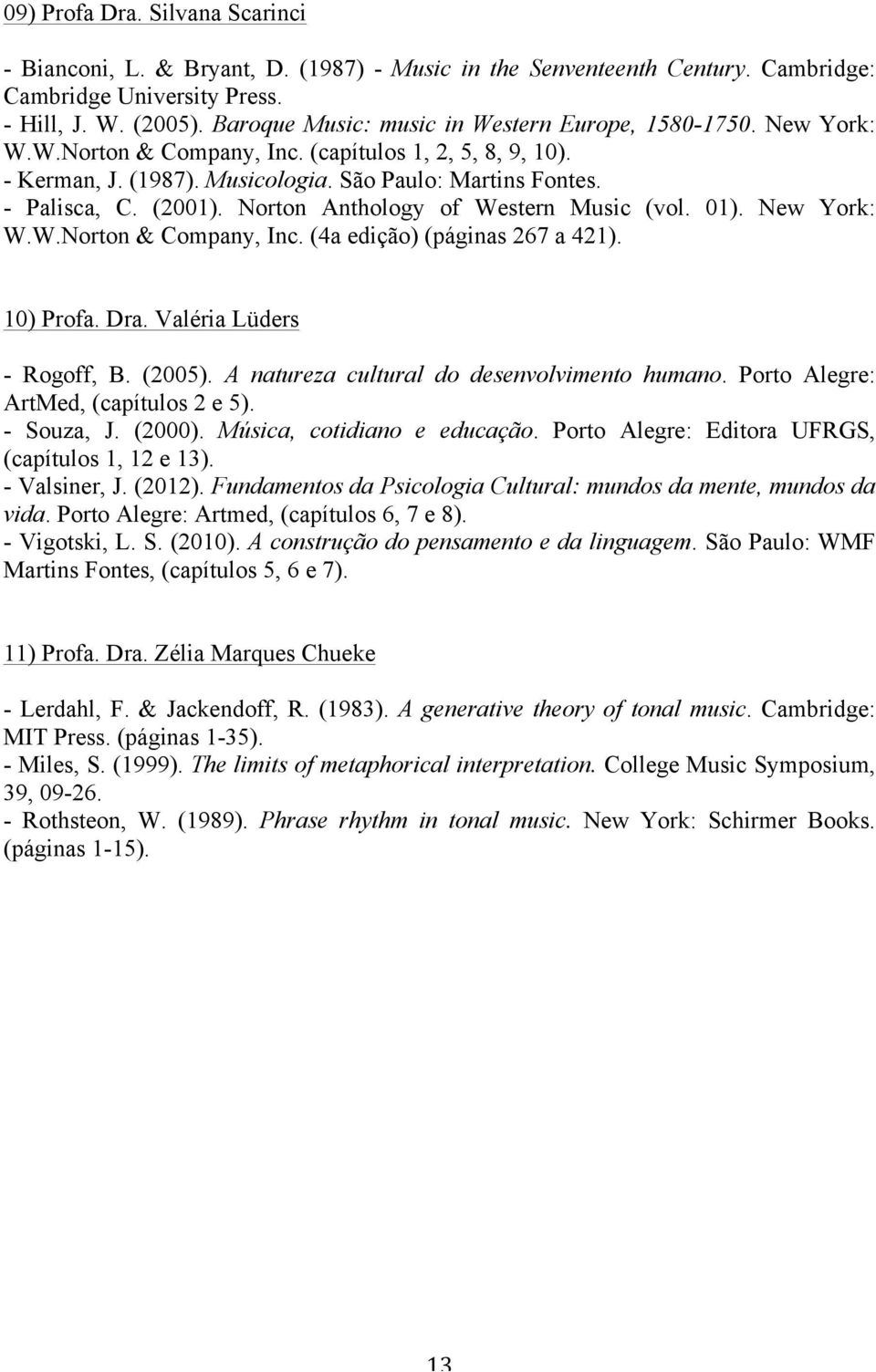 (2001). Norton Anthology of Western Music (vol. 01). New York: W.W.Norton & Company, Inc. (4a edição) (páginas 267 a 421). 10) Profa. Dra. Valéria Lüders - Rogoff, B. (2005).