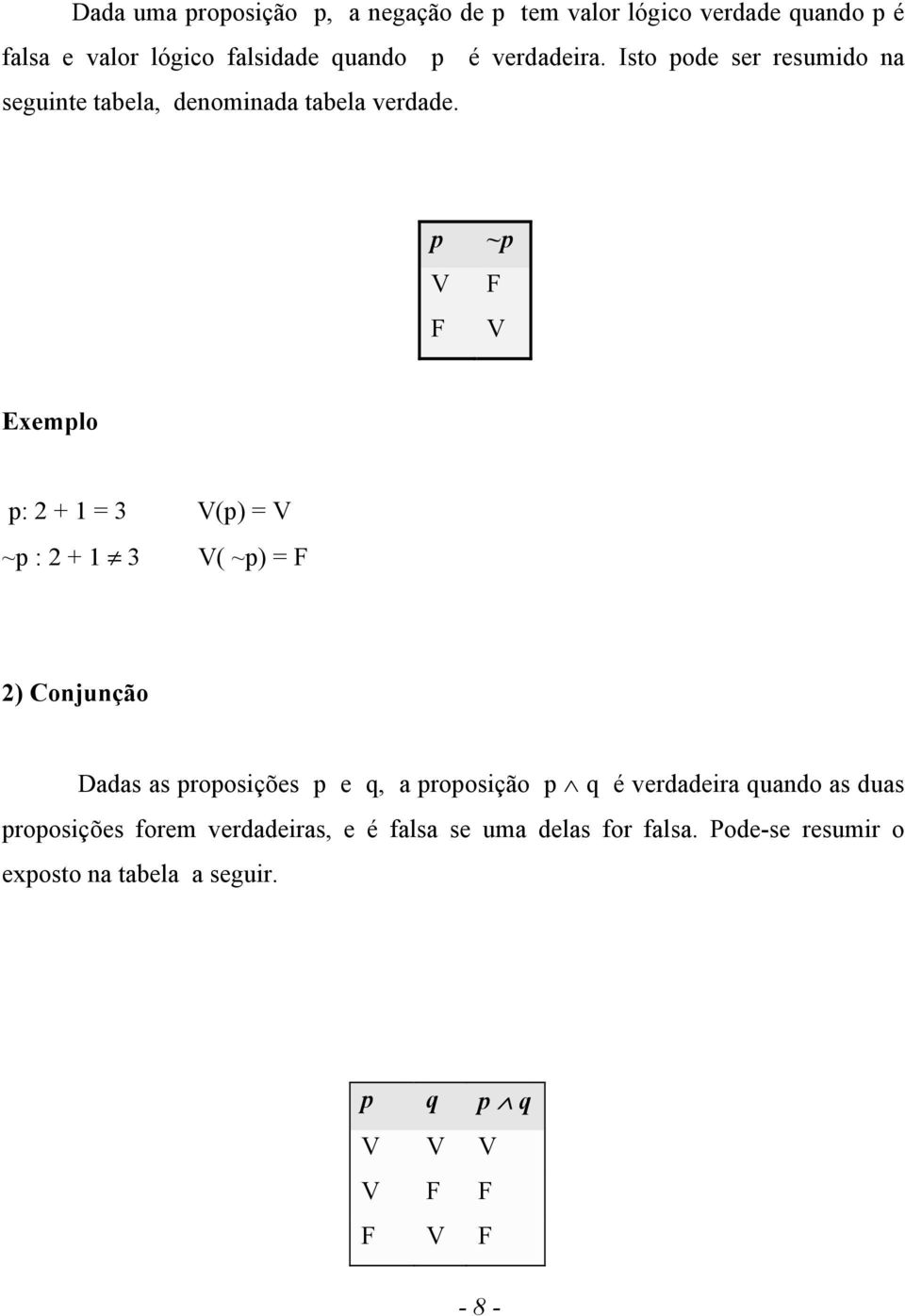 p ~p V F F V Exemplo p: 2 + 1 = 3 V(p) = V ~p : 2 + 1 3 V( ~p) = F 2) Conjunção Dadas as proposições p e q, a proposição p