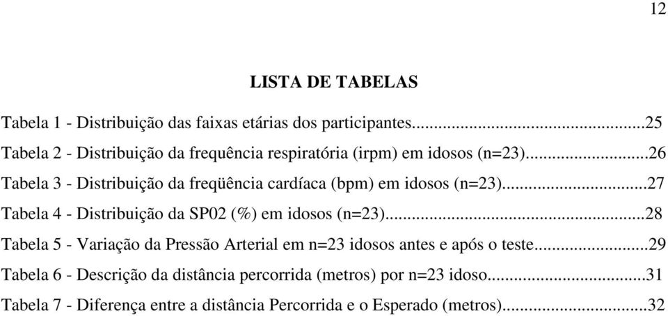 ..26 Tabela 3 - Distribuição da freqüência cardíaca (bpm) em idosos (n=23)...27 Tabela 4 - Distribuição da SP02 (%) em idosos (n=23).