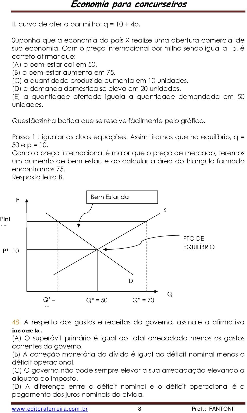 (D) a demanda doméstica se eleva em 20 unidades. (E) a quantidade ofertada iguala a quantidade demandada em 50 unidades. Questãozinha batida que se resolve fácilmente pelo gráfico.