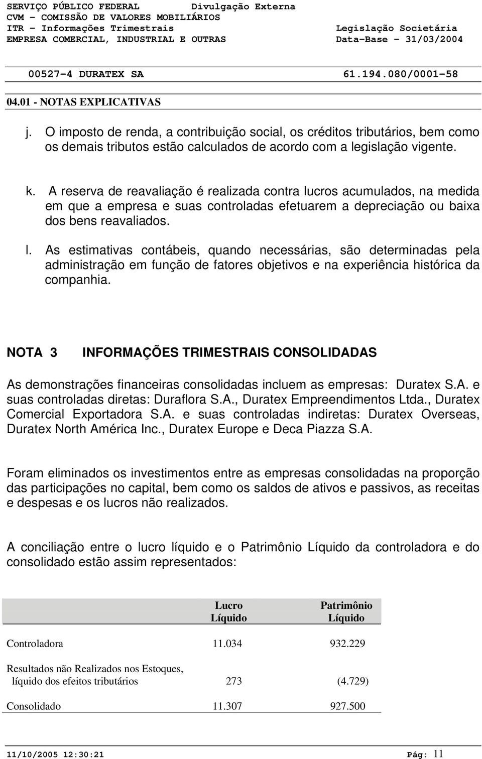 NOTA 3 INFORMAÇÕES TRIMESTRAIS CONSOLIDADAS As demonstrações financeiras consolidadas incluem as empresas: Duratex S.A. e suas controladas diretas: Duraflora S.A., Duratex Empreendimentos Ltda.