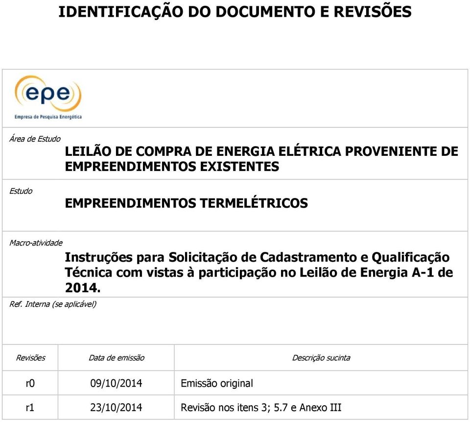 Cadastramento e Qualificação Técnica com vistas à participação no Leilão de Energia A-1 de 2014. Ref.