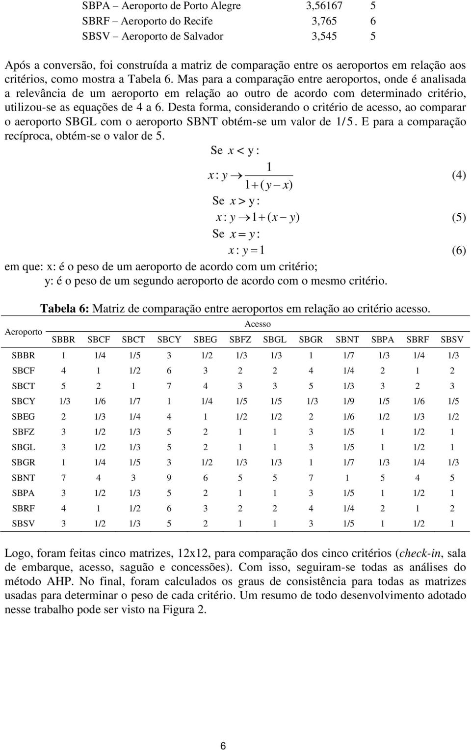 Mas para a comparação entre aeroportos, onde é analisada a relevância de um aeroporto em relação ao outro de acordo com determinado critério, utilizou-se as equações de 4 a 6.