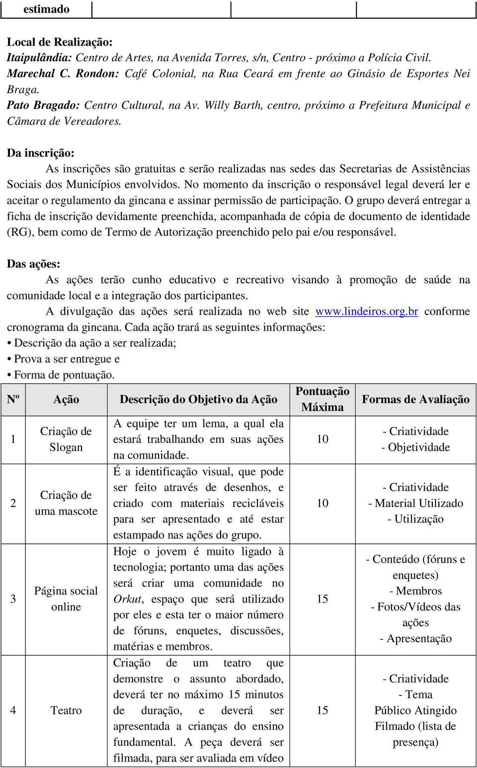 Da inscrição: As inscrições são gratuitas e serão realizadas nas sedes das Secretarias de Assistências Sociais dos Municípios envolvidos.