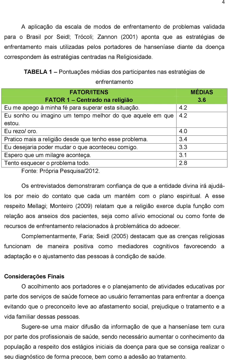 TABELA 1 Pontuações médias dos participantes nas estratégias de enfrentamento FATOR/ITENS MÉDIAS FATOR 1 Centrado na religião 3.6 Eu me apego à minha fé para superar esta situação. 4.