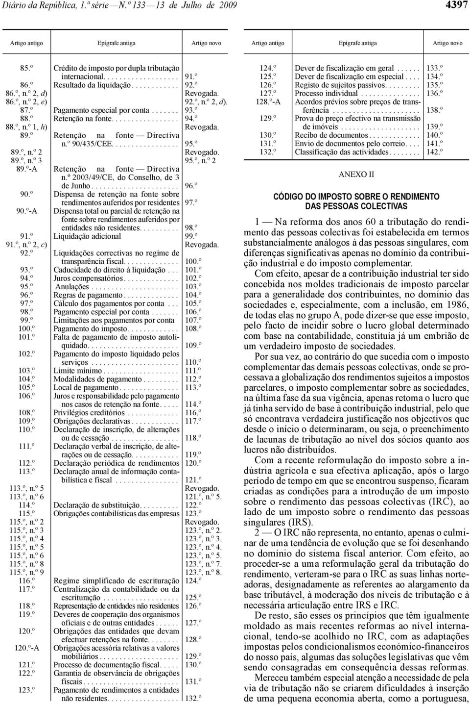 º Pagamento especial por conta....... 93.º 88.º Retenção na fonte................. 94.º 88.º, n.º 1, h) Revogada. 89.º Retenção na fonte Directiva n.º 90/435/CEE................. 95.º 89.º, n.º 2 Revogado.