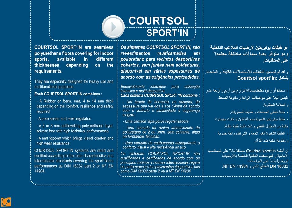 Each COURTSOL SPORT IN combines : - A Rubber or foam, mat, 4 to 14 mm thick depending on the comfort, resilience and safety required. - A pore sealer and level regulator.