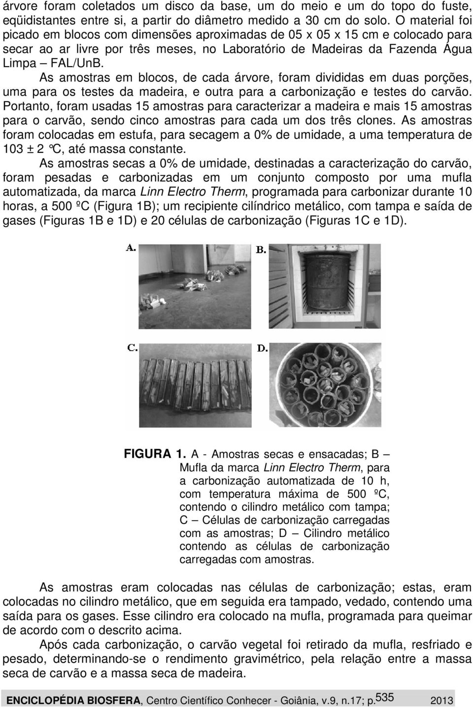 As amostras em blocos, de cada árvore, foram divididas em duas porções, uma para os testes da madeira, e outra para a carbonização e testes do carvão.