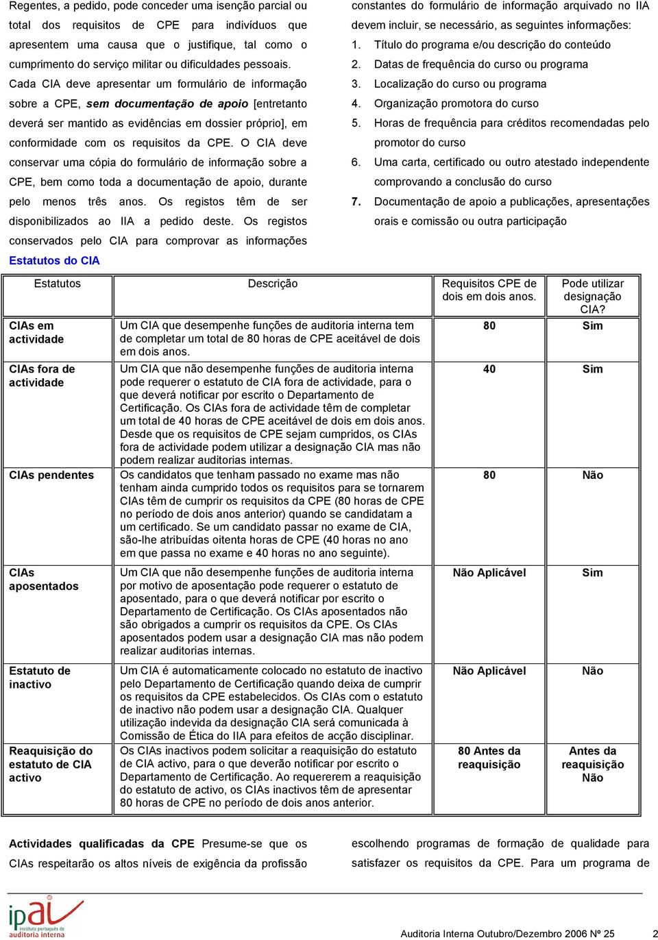 Cada CIA deve apresentar um formulário de informação sobre a CPE, sem documentação de apoio [entretanto deverá ser mantido as evidências em dossier próprio], em conformidade com os requisitos da CPE.