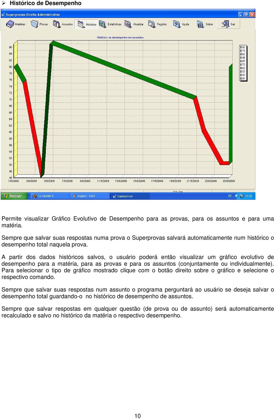 A partir dos dados históricos salvos, o usuário poderá então visualizar um gráfico evolutivo de desempenho para a matéria, para as provas e para os assuntos (conjuntamente ou individualmente).