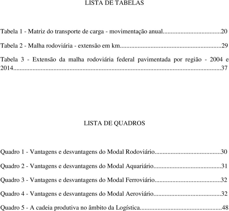 ..37 LISTA DE QUADROS Quadro 1 - Vantagens e desvantagens do Modal Rodoviário.