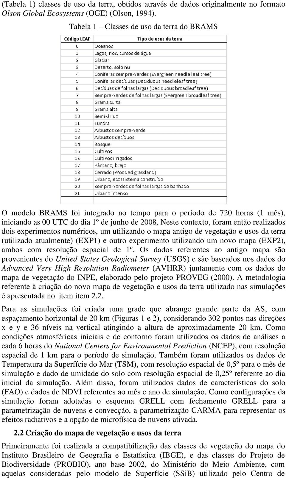 Neste contexto, foram então realizados dois experimentos numéricos, um utilizando o mapa antigo de vegetação e usos da terra (utilizado atualmente) (EXP1) e outro experimento utilizando um novo mapa