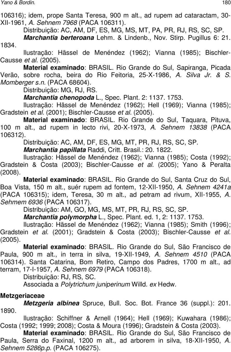 Rio Grande do Sul, Sapiranga, Picada Verão, sobre rocha, beira do Rio Feitoria, 25-X-1986, A. Silva Jr. & S. Momberger s.n. (PACA 68604). Distribuição: MG, RJ, RS. Marchantia chenopoda L., Spec.