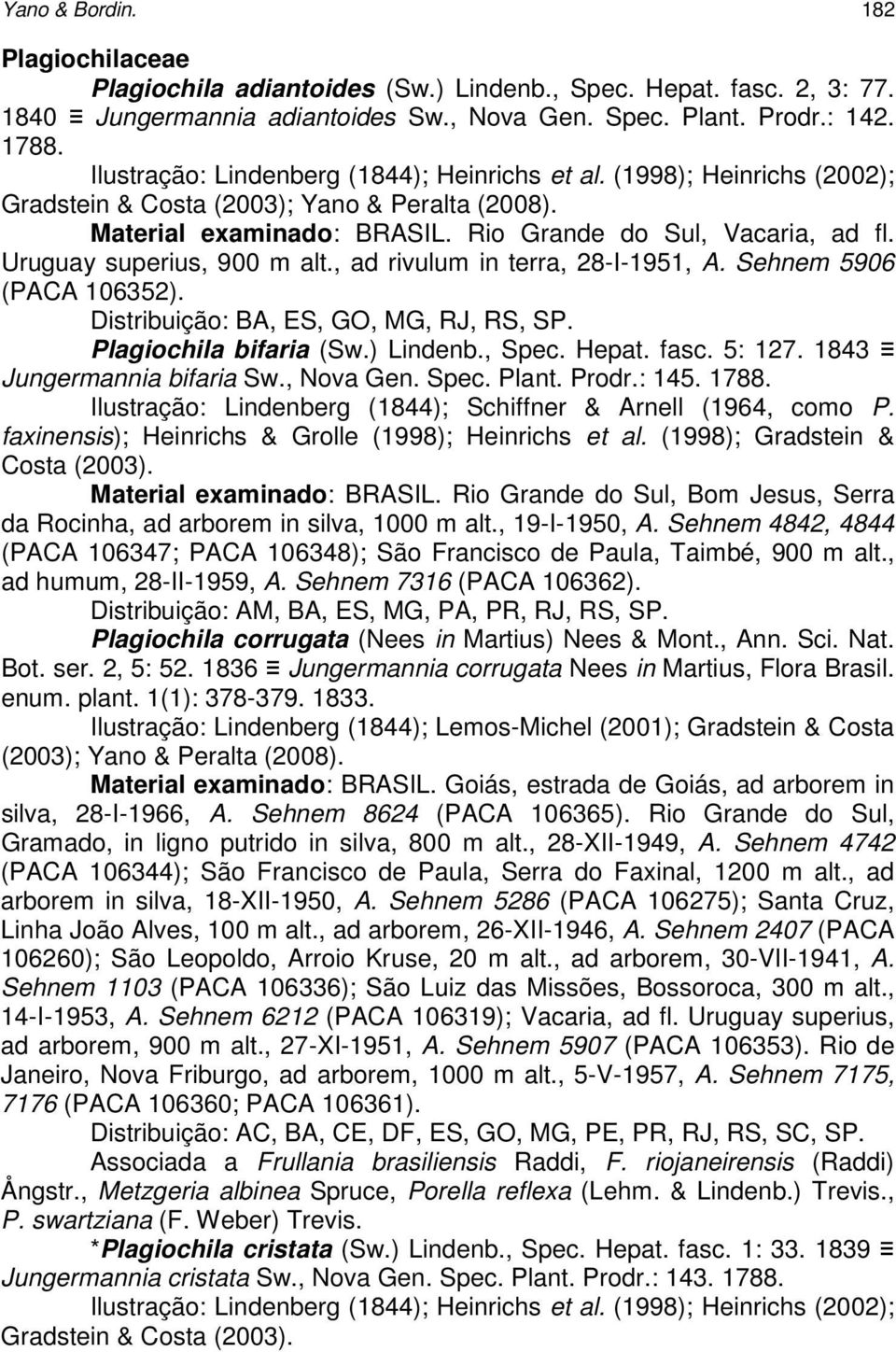 Uruguay superius, 900 m alt., ad rivulum in terra, 28-I-1951, A. Sehnem 5906 (PACA 106352). Distribuição: BA, ES, GO, MG, RJ, RS, SP. Plagiochila bifaria (Sw.) Lindenb., Spec. Hepat. fasc. 5: 127.