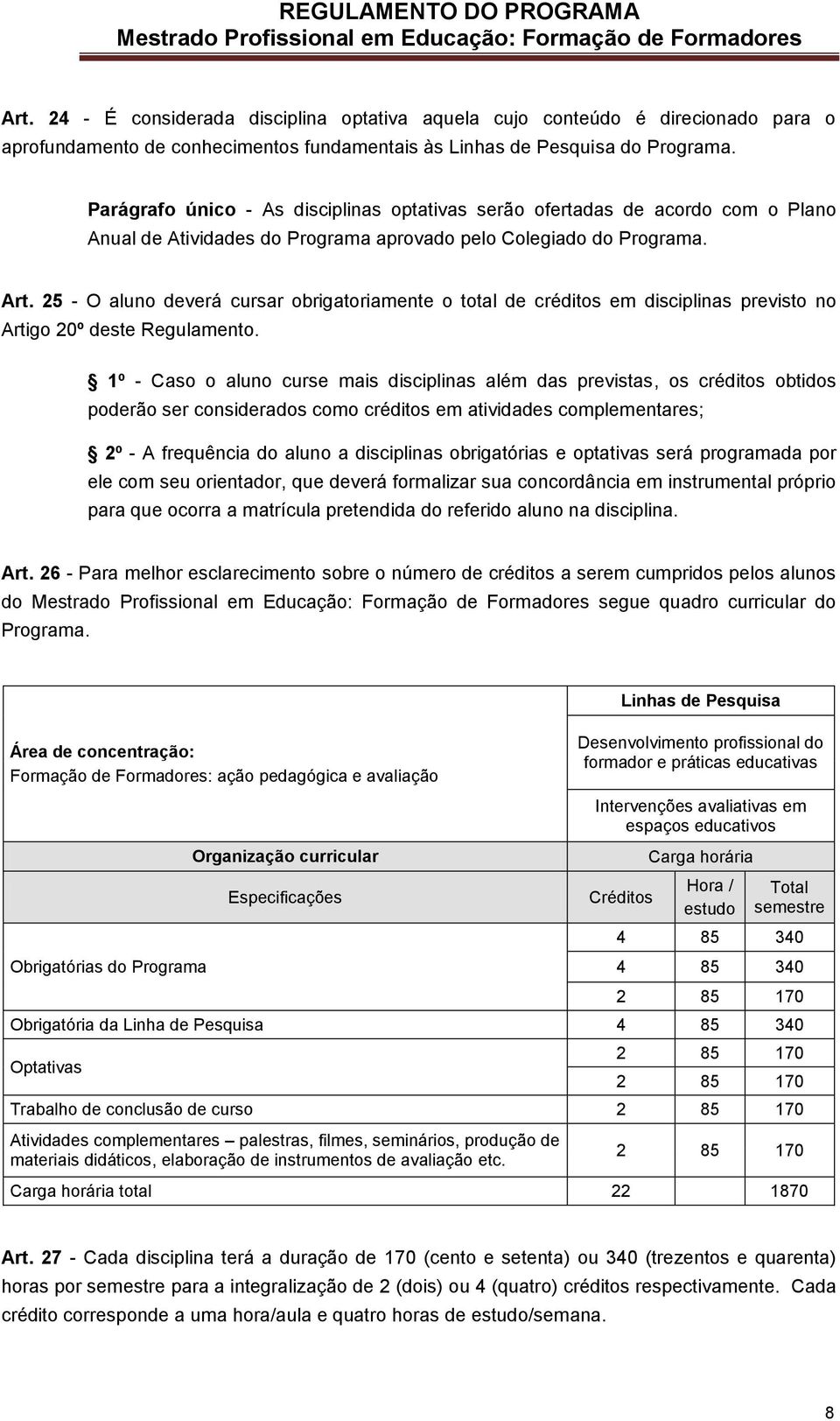 25 - O aluno deverá cursar obrigatoriamente o total de créditos em disciplinas previsto no Artigo 20º deste Regulamento.