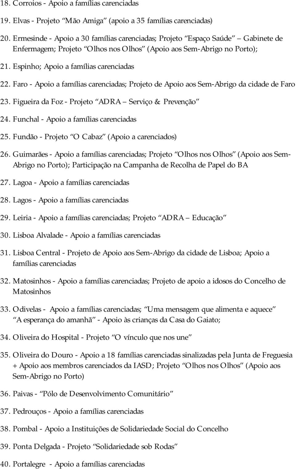 Faro - Apoio a famílias carenciadas; Projeto de Apoio aos Sem-Abrigo da cidade de Faro 23. Figueira da Foz - Projeto ADRA Serviço & Prevenção 24. Funchal - Apoio a famílias carenciadas 25.