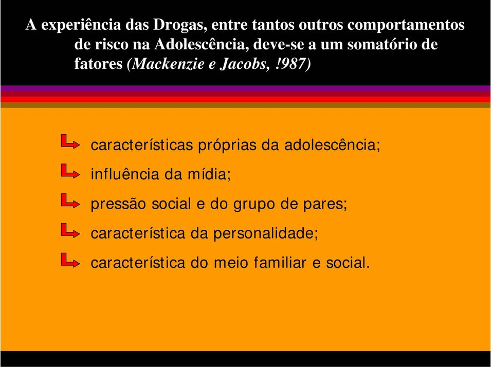 987) características próprias da adolescência; influência da mídia; pressão