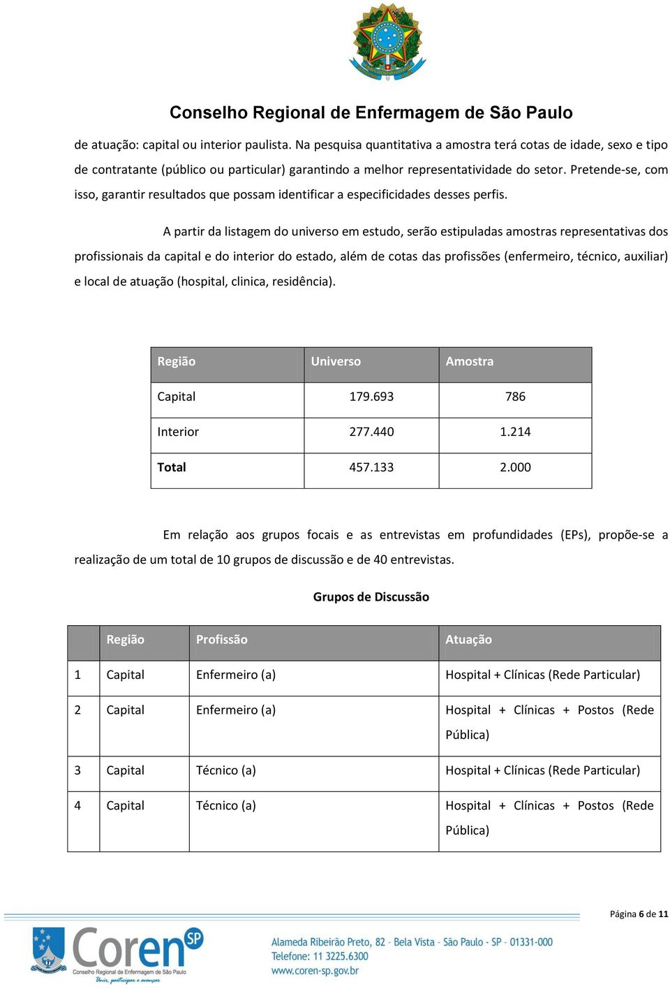 A partir da listagem do universo em estudo, serão estipuladas amostras representativas dos profissionais da capital e do interior do estado, além de cotas das profissões (enfermeiro, técnico,