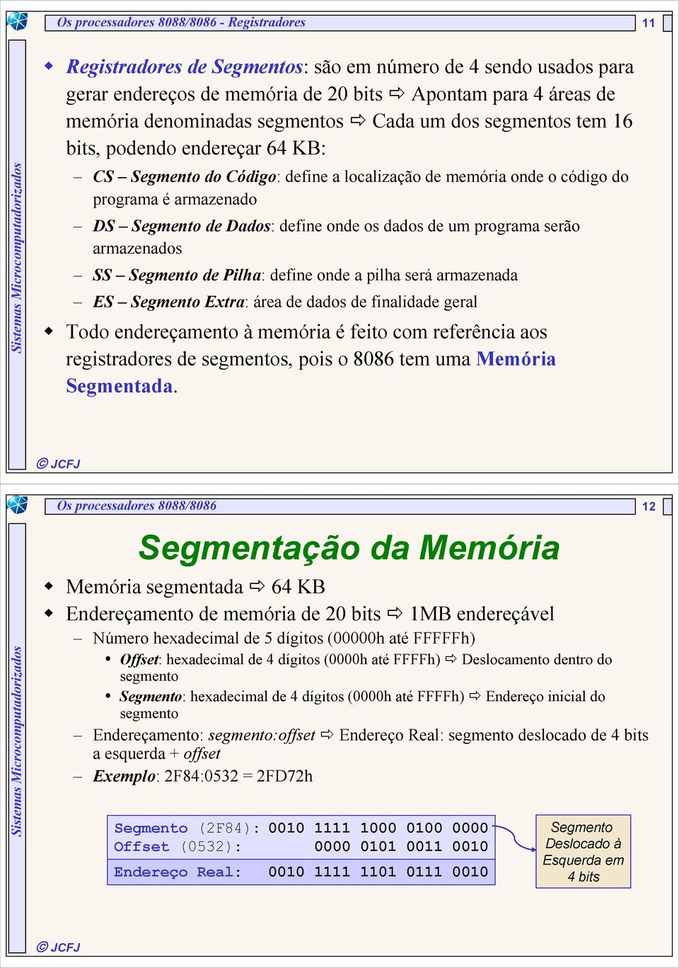 os dados de um programa serão armazenados SS Segmento de Pilha: define onde a pilha será armazenada ES Segmento Extra: área de dados de finalidade geral Todo endereçamento à memória é feito com