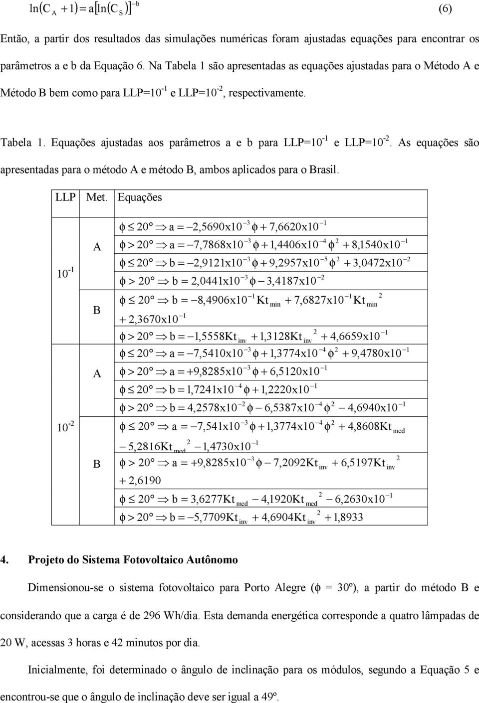 As equações são apresentadas para o método A e método B, ambos aplicados para o Brasil. LLP Met.