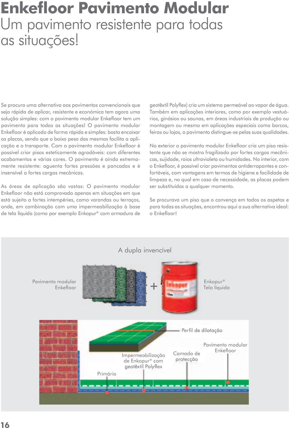 as situações! O pavimento modular Enkefloor é aplicado de forma rápida e simples: basta encaixar as placas, sendo que o baixo peso das mesmas facilita a aplicação e o transporte.