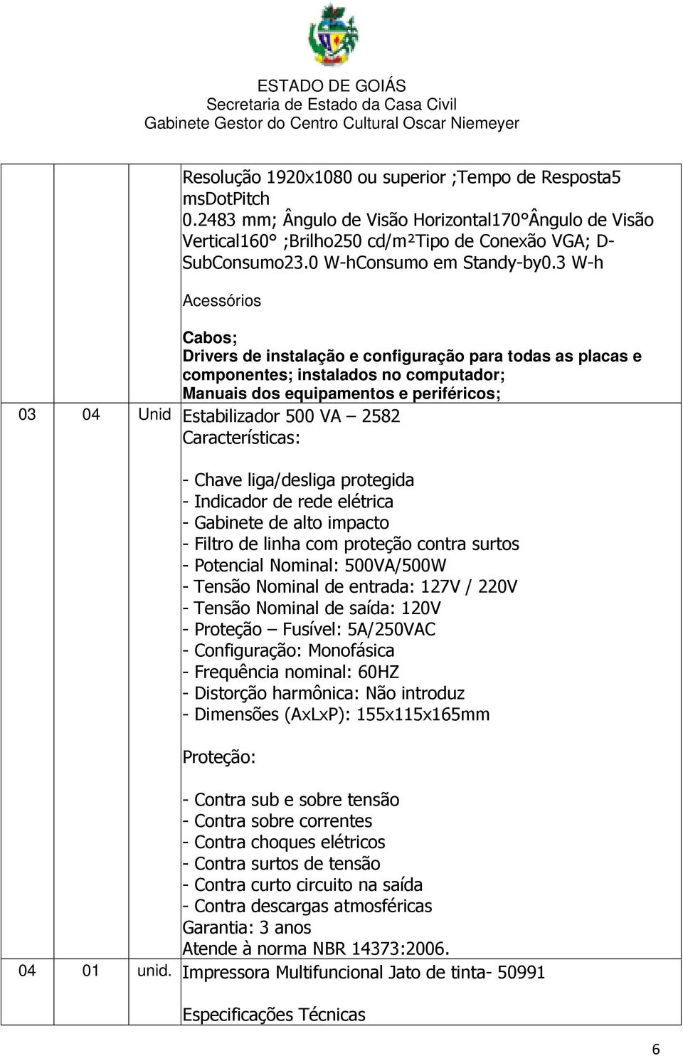 3 W-h Acessórios Cabos; Drivers de instalação e configuração para todas as placas e componentes; instalados no computador; Manuais dos equipamentos e periféricos; 03 04 Unid Estabilizador 500 VA 2582