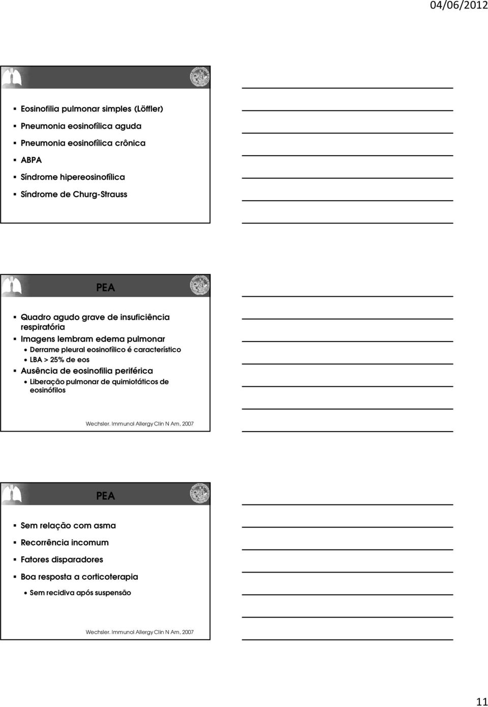 25% de eos Ausência de eosinofilia periférica Liberação pulmonar de quimiotáticos de eosinófilos Wechsler.