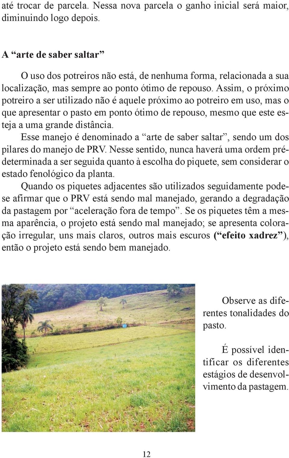 Assim, o próximo potreiro a ser utilizado não é aquele próximo ao potreiro em uso, mas o que apresentar o pasto em ponto ótimo de repouso, mesmo que este esteja a uma grande distância.