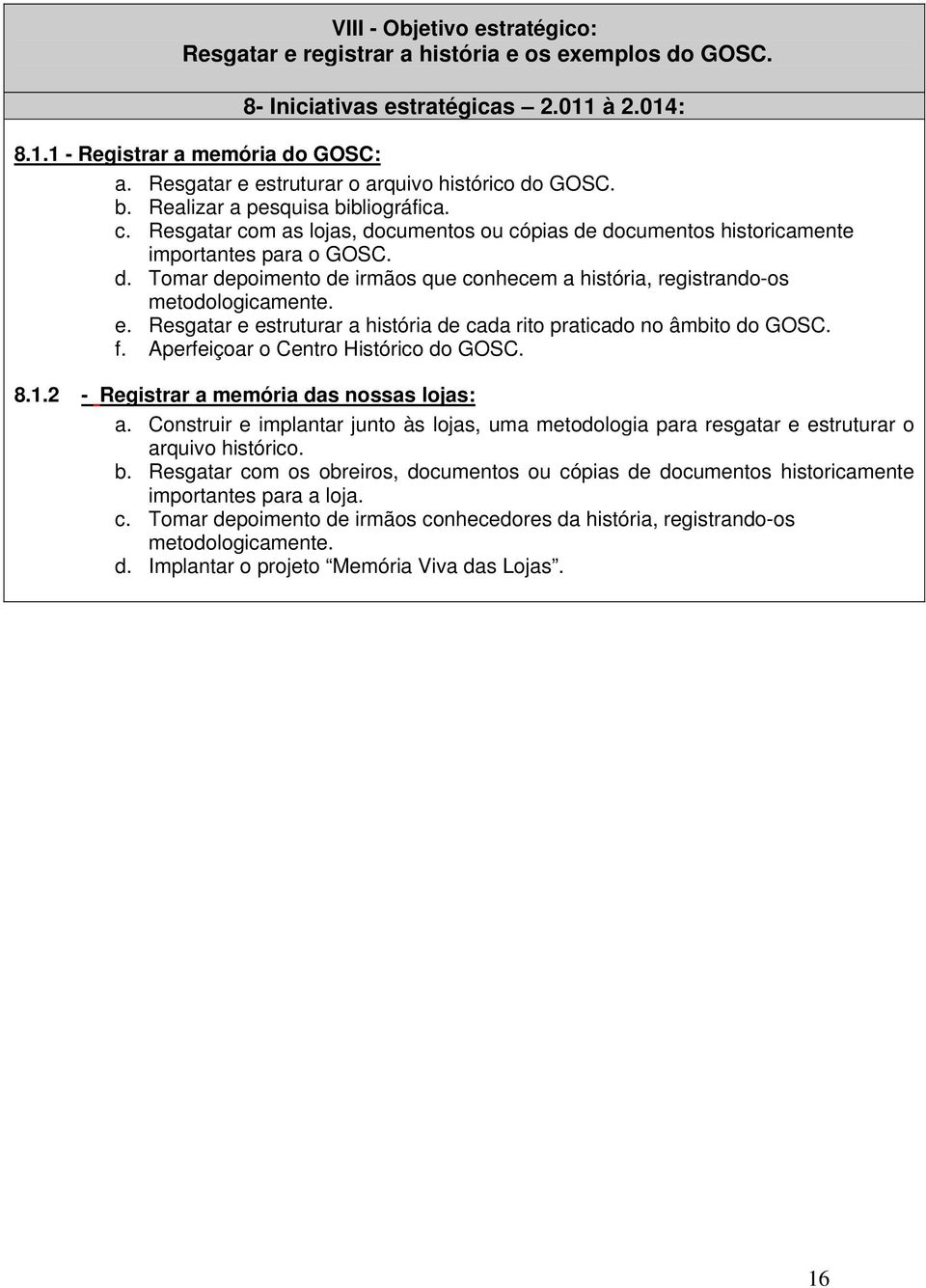 e. Resgatar e estruturar a história de cada rito praticado no âmbito do GOSC. f. Aperfeiçoar o Centro Histórico do GOSC. 8.1.2 - Registrar a memória das nossas lojas: a.