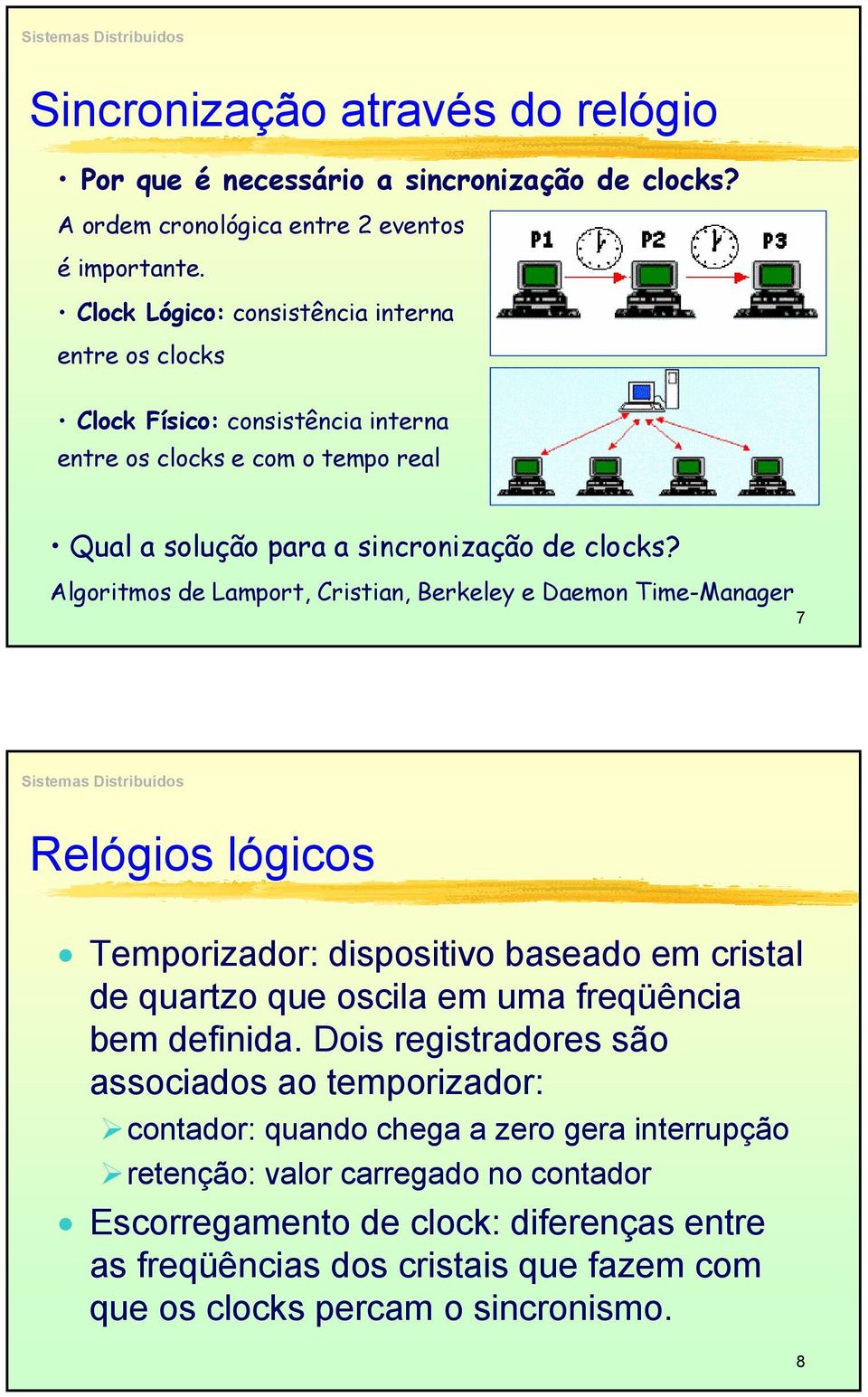 Algoritmos de Lamport, Cristian, Berkeley e Daemon Time-Manager 7 Relógios lógicos Temporizador: dispositivo baseado em cristal de quartzo que oscila em uma freqüência bem definida.