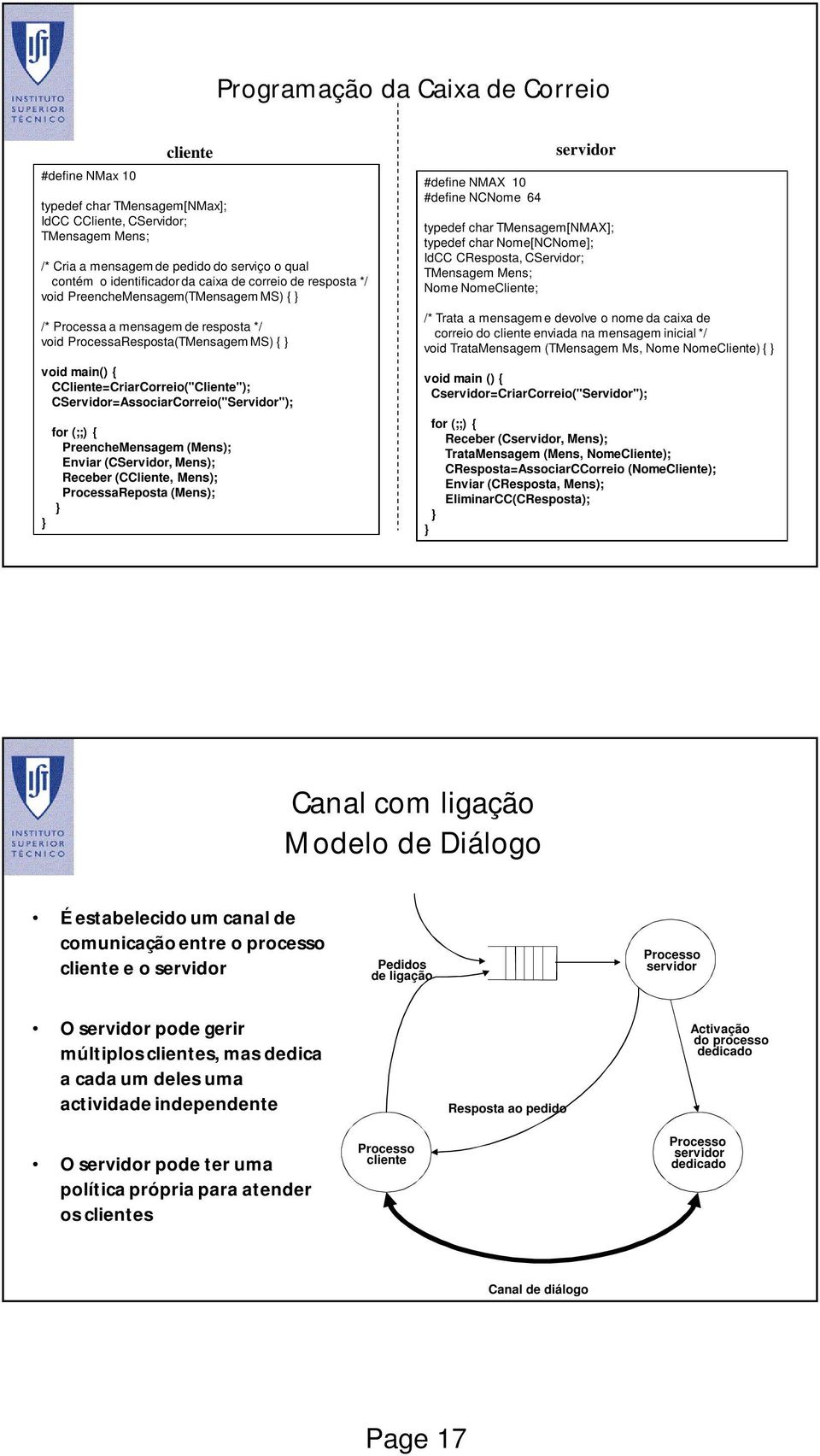 CServidor=AssociarCorreio("Servidor"); for (;;) { PreencheMensagem (Mens); Enviar (CServidor, Mens); Receber (CCliente, Mens); ProcessaReposta (Mens); #define NMAX 10 #define NCNome 64 servidor