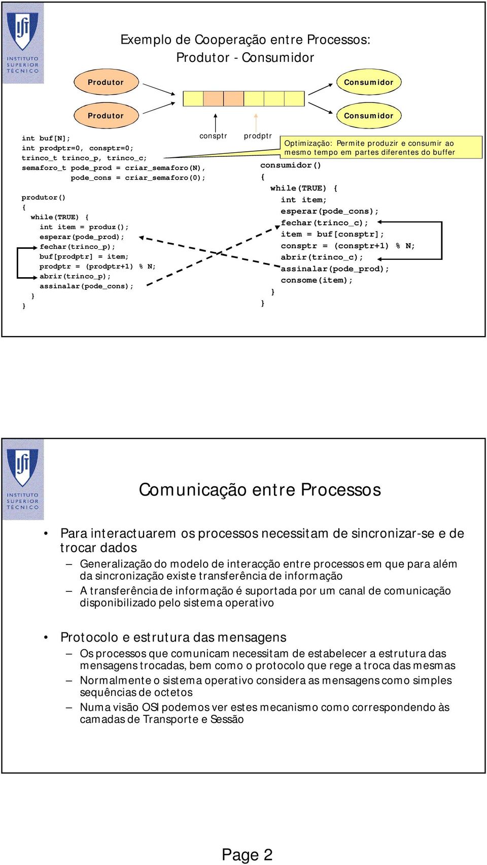 abrir(trinco_p); assinalar(pode_cons); prodptr Consumidor Optimização: Permite produzir e consumir ao mesmo tempo em partes diferentes do buffer consumidor() { while(true) { int item;