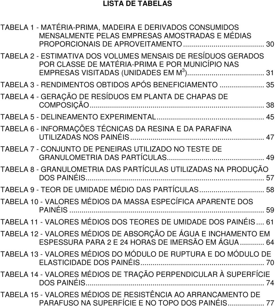 .. 31 TABELA 3 - RENDIMENTOS OBTIDOS APÓS BENEFICIAMENTO... 35 TABELA 4 - GERAÇÃO DE RESÍDUOS EM PLANTA DE CHAPAS DE COMPOSIÇÃO... 38 TABELA 5 - DELINEAMENTO EXPERIMENTAL.