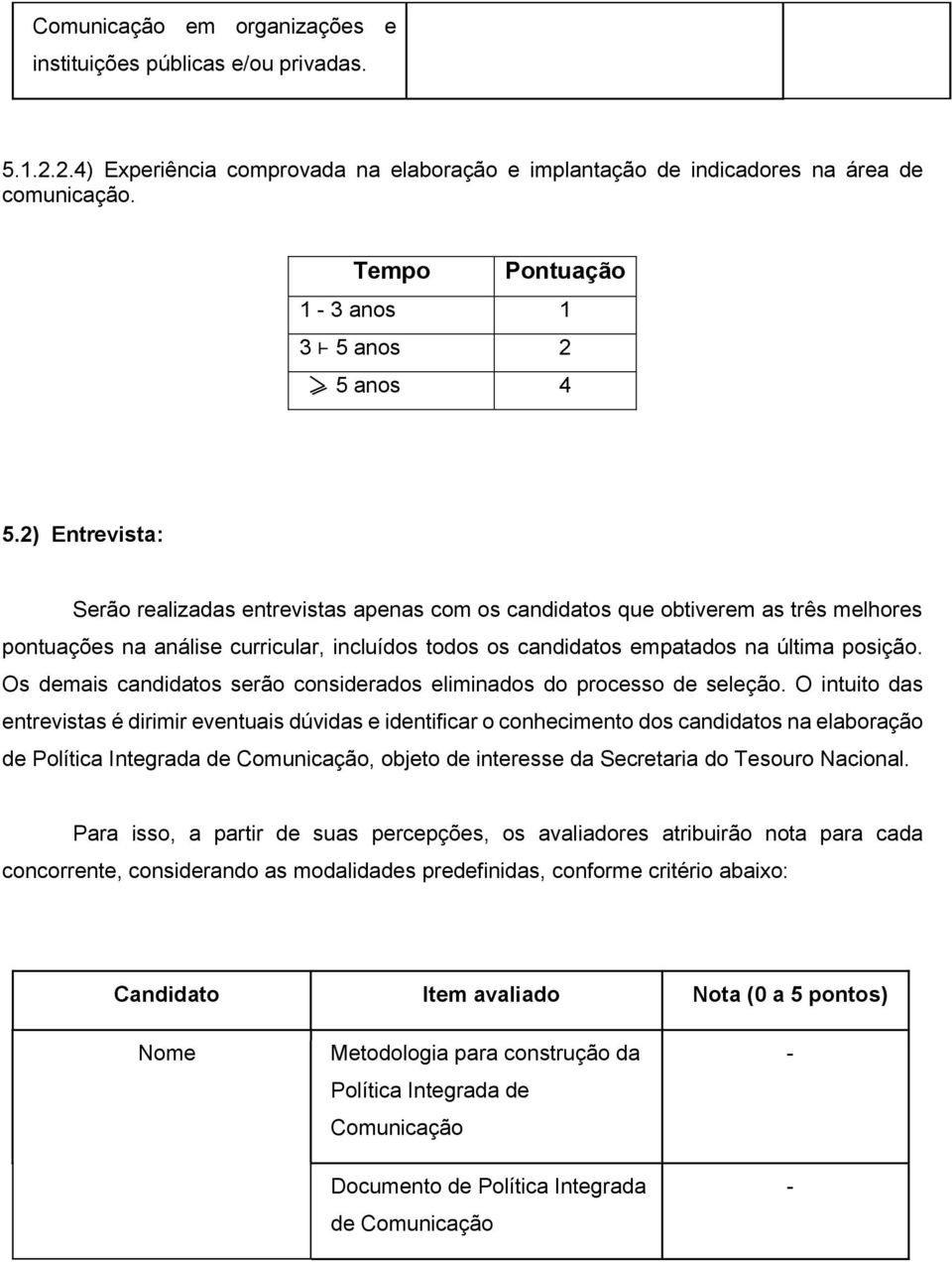 2) Entrevista: Serão realizadas entrevistas apenas com os candidatos que obtiverem as três melhores pontuações na análise curricular, incluídos todos os candidatos empatados na última posição.