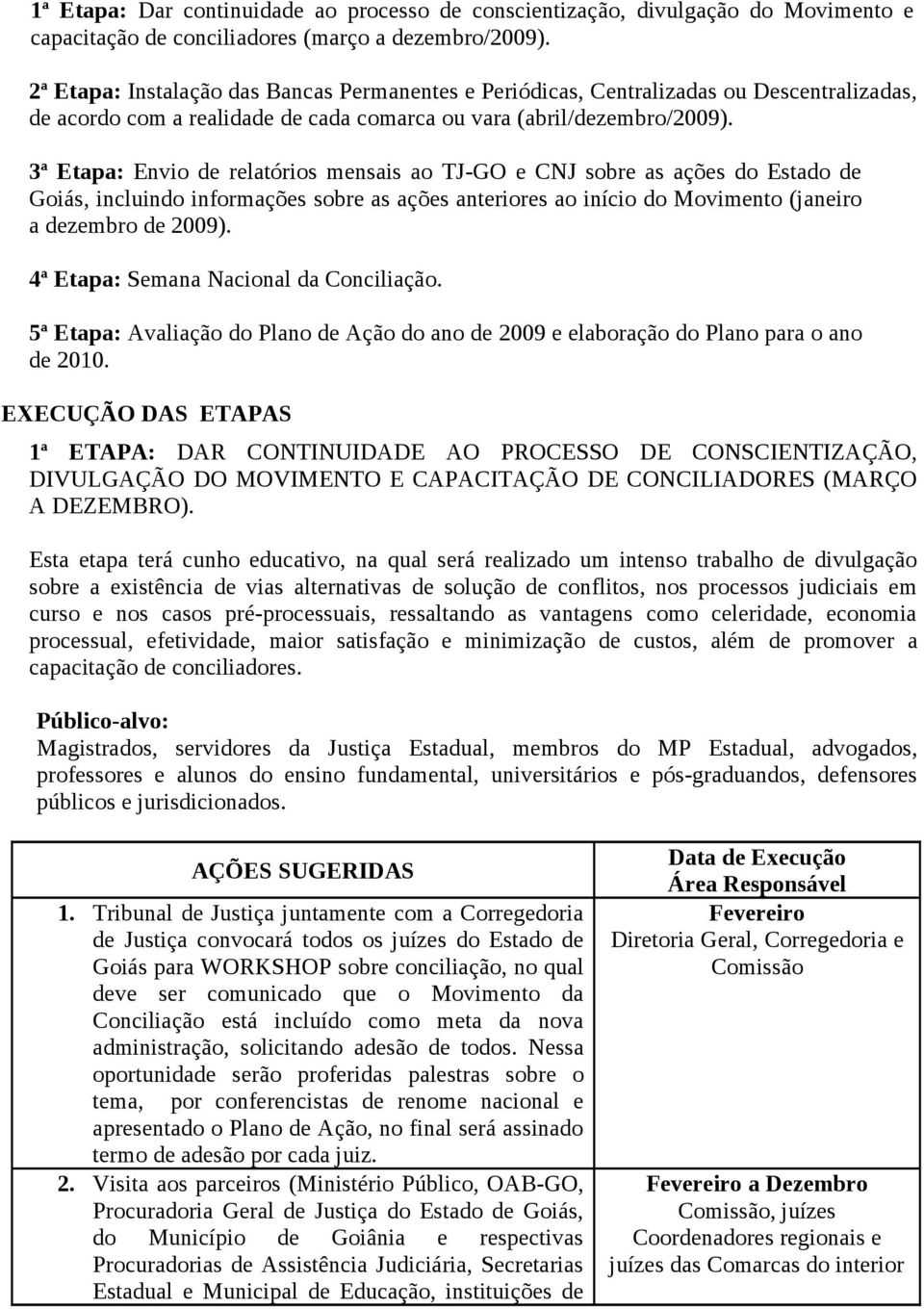 3ª Etapa: Envio de relatórios mensais ao TJ-GO e CNJ sobre as ações do Estado de Goiás, incluindo informações sobre as ações anteriores ao início do Movimento (janeiro a dezembro de 2009).