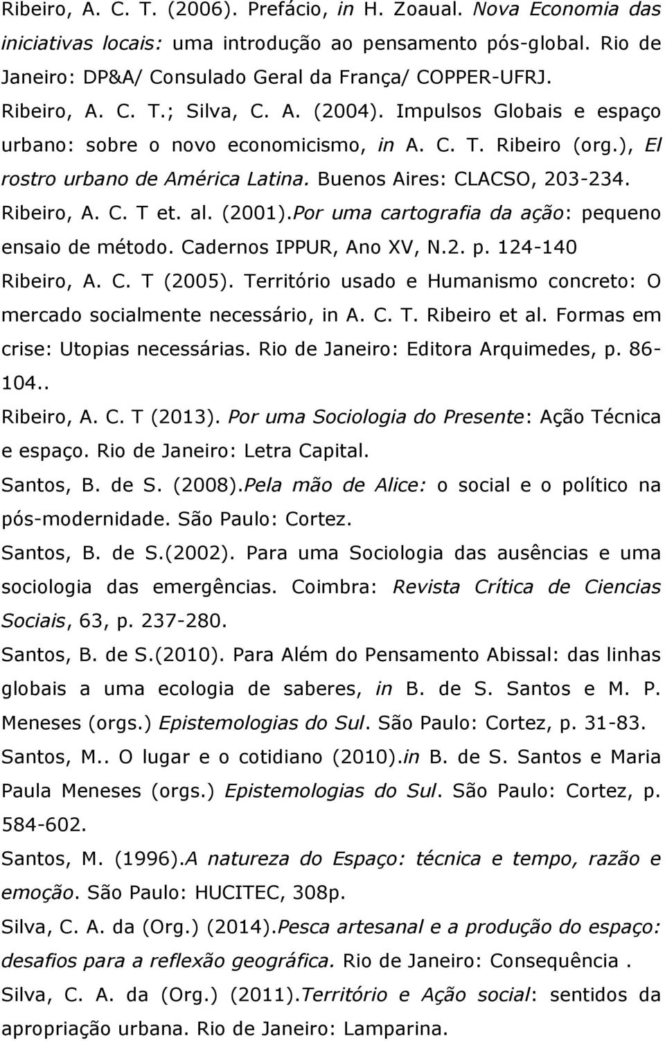 Ribeiro, A. C. T et. al. (2001).Por uma cartografia da ação: pequeno ensaio de método. Cadernos IPPUR, Ano XV, N.2. p. 124-140 Ribeiro, A. C. T (2005).