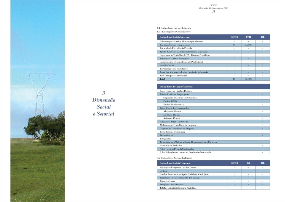 Participação nos Resultados Incentivo à Aposentadoria e Demissão Voluntária Vale Transporte excedente Total 45 45 17,18% 17,18% 3 Dimensão Social e Setorial Indicadores do Corpo Funcional Empregados