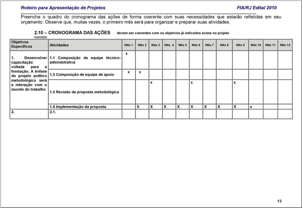 10 CRONOGRAMA DAS AÇÕES devem ser coerentes com os objetivos já indicados acima no projeto exemplo Objetivos Específicos Atividades Mês 1 Mês 2 Mês 3 Mês 4 Mês 5 Mês 6 Mês 7 Mês 8 Mês 9 Mês 10 Mês 11