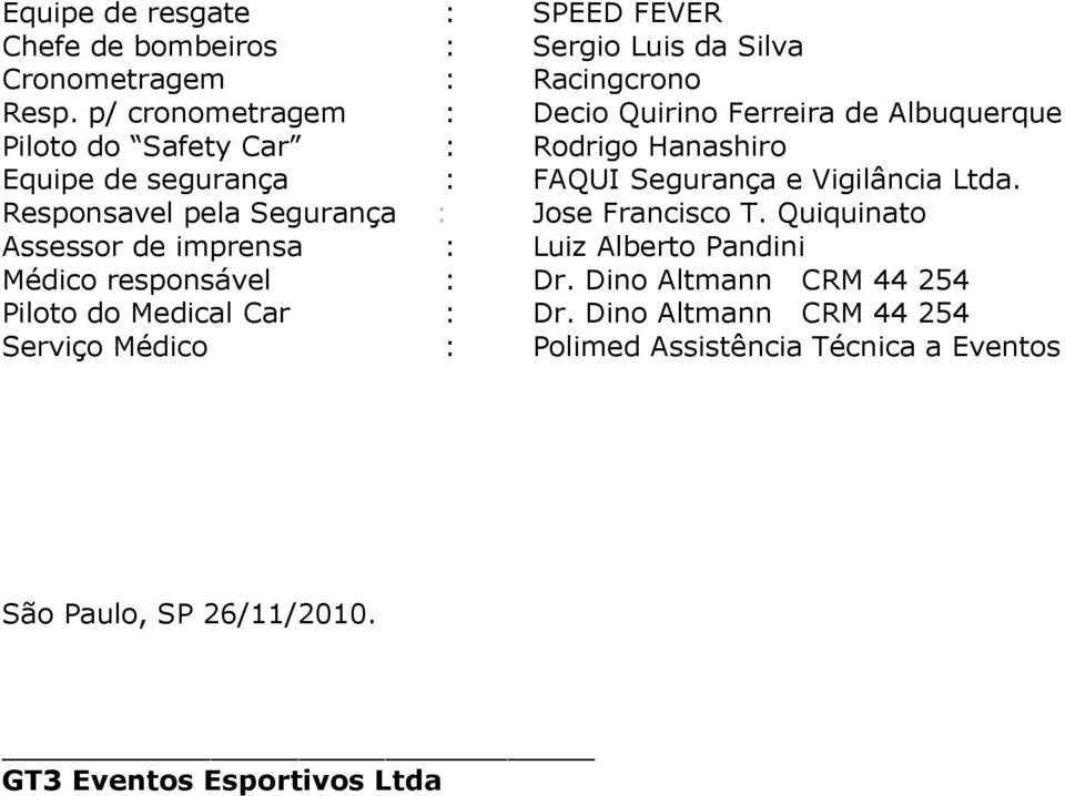 Vigilância Ltda. Responsavel pela Segurança : Jose Francisco T. Quiquinato Assessor de imprensa : Luiz Alberto Pandini Médico responsável : Dr.