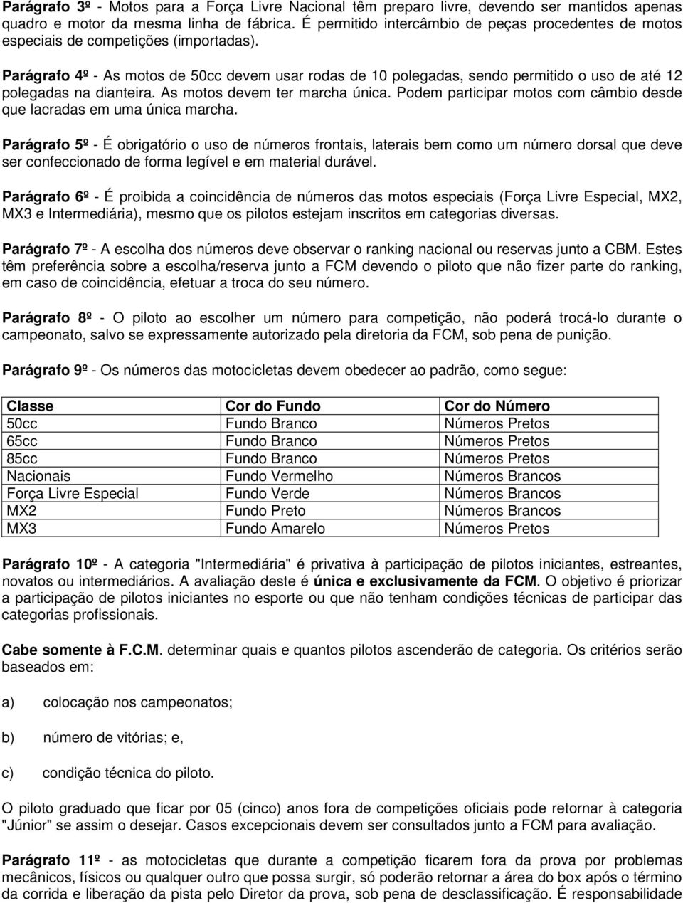 Parágrafo 4º - As motos de 50cc devem usar rodas de 10 polegadas, sendo permitido o uso de até 12 polegadas na dianteira. As motos devem ter marcha única.