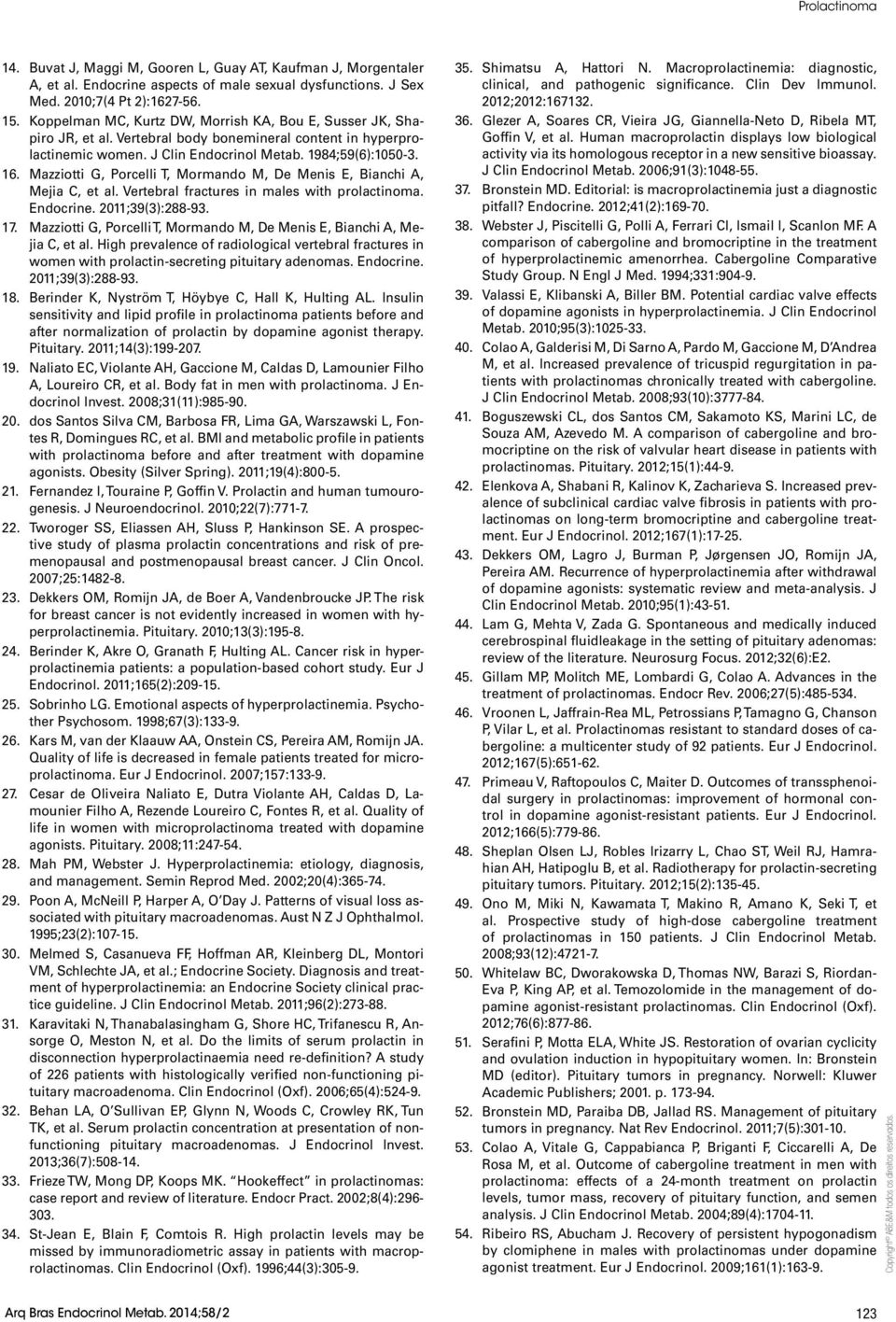 Mazziotti G, Porcelli T, Mormando M, De Menis E, Bianchi A, Mejia C, et al. Vertebral fractures in males with prolactinoma. Endocrine. 2011;39(3):288-93. 17.