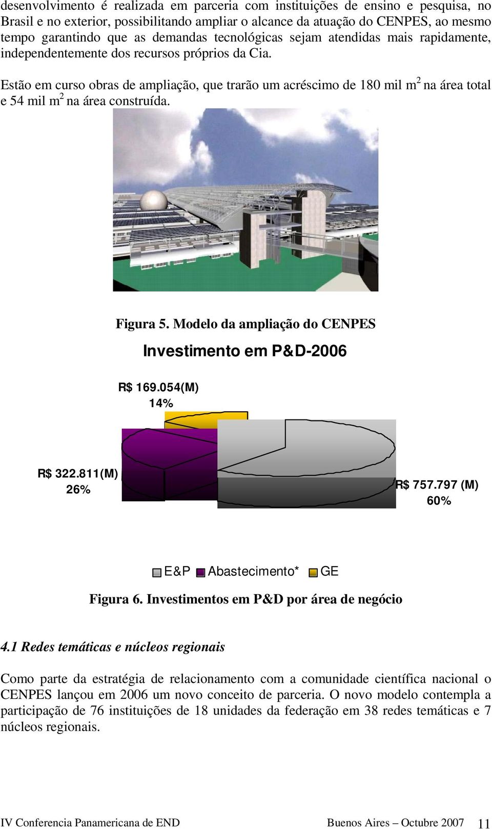 Estão em curso obras de ampliação, que trarão um acréscimo de 180 mil m 2 na área total e 54 mil m 2 na área construída. Figura 5. Modelo da ampliação do CENPES Investimento em P&D-2006 R$ 169.