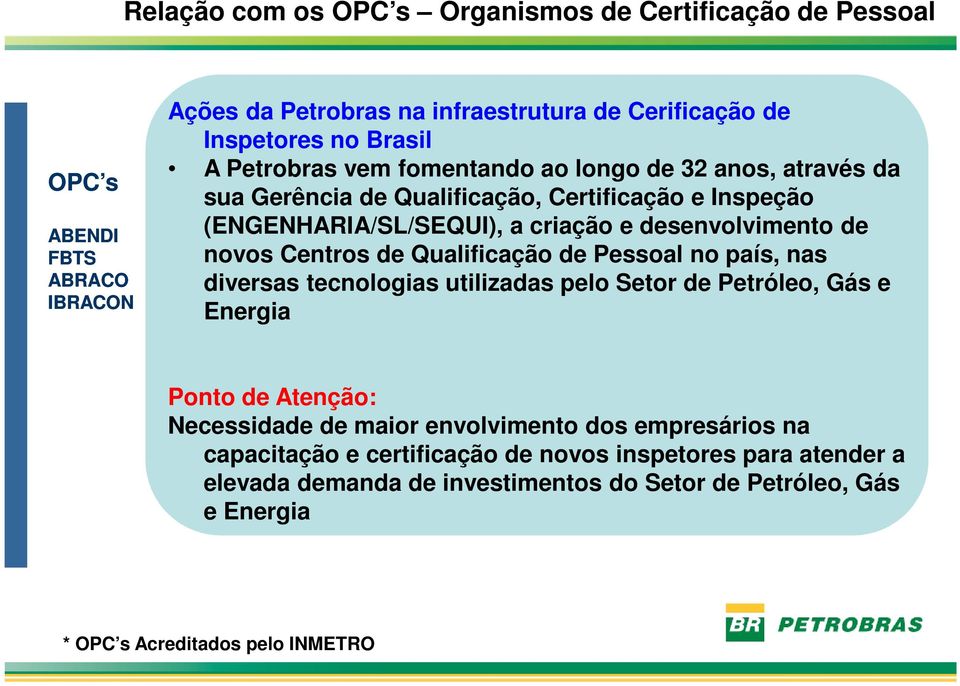 Centros de Qualificação de Pessoal no país, nas diversas tecnologias utilizadas pelo Setor de Petróleo, Gás e Energia Ponto de Atenção: Necessidade de maior envolvimento dos