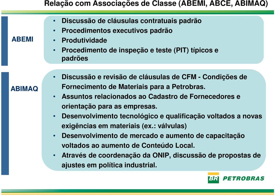 Assuntos relacionados ao Cadastro de Fornecedores e orientação para as empresas. Desenvolvimento tecnológico e qualificação voltados a novas exigências em materiais (ex.