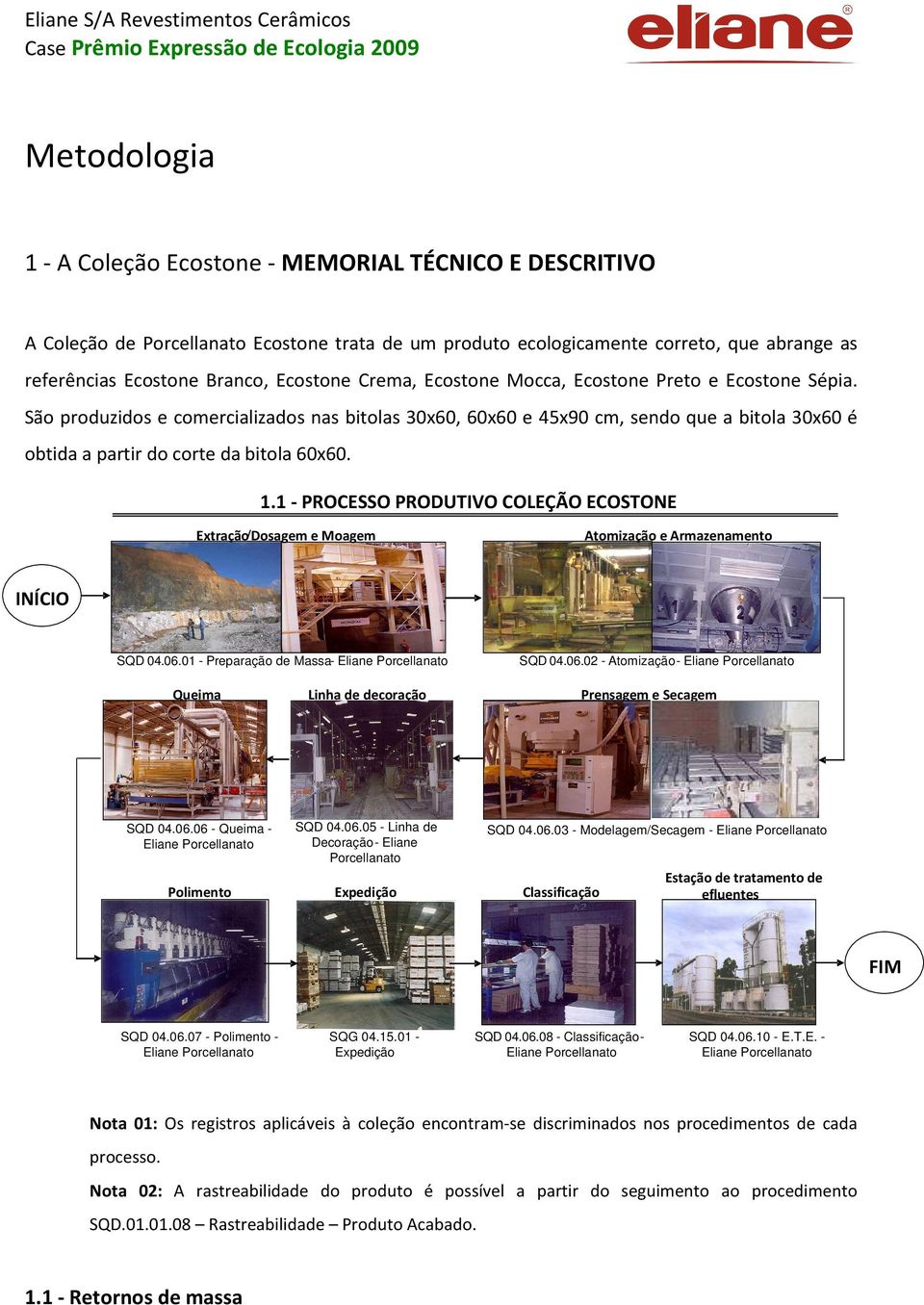 1 - PROCESSO PRODUTIVO COLEÇÃO ECOSTONE Extração/ Dosagem e Moagem Atomização e Armazenamento INÍCIO SQD 04.06.