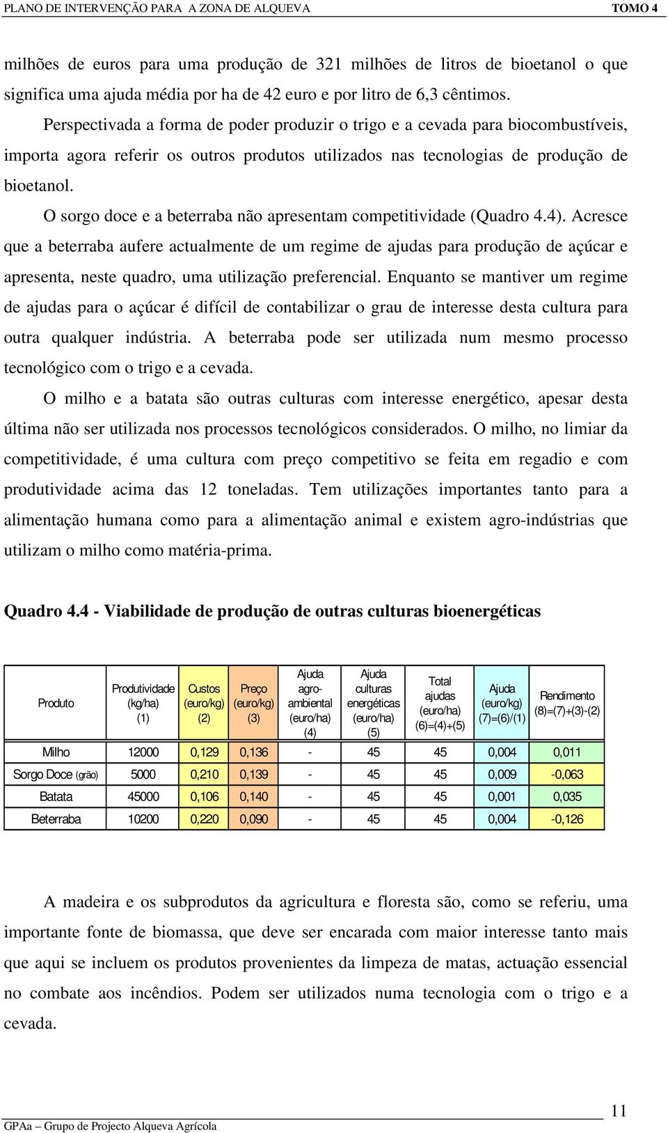 O sorgo doce e a beterraba não apresentam competitividade (Quadro 4.4).